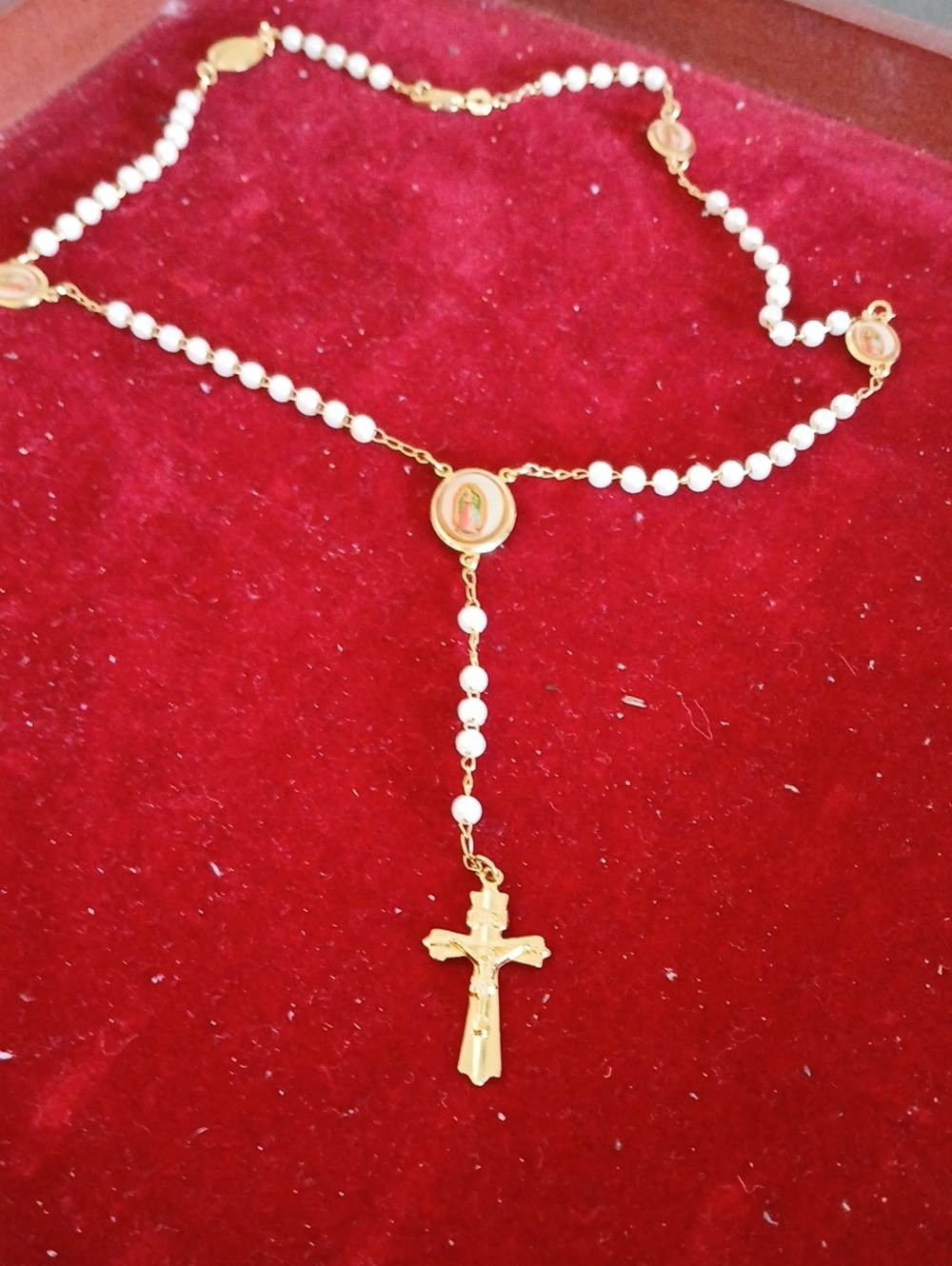 Gold-Tone Pearl Rosary Necklace with Crucifix